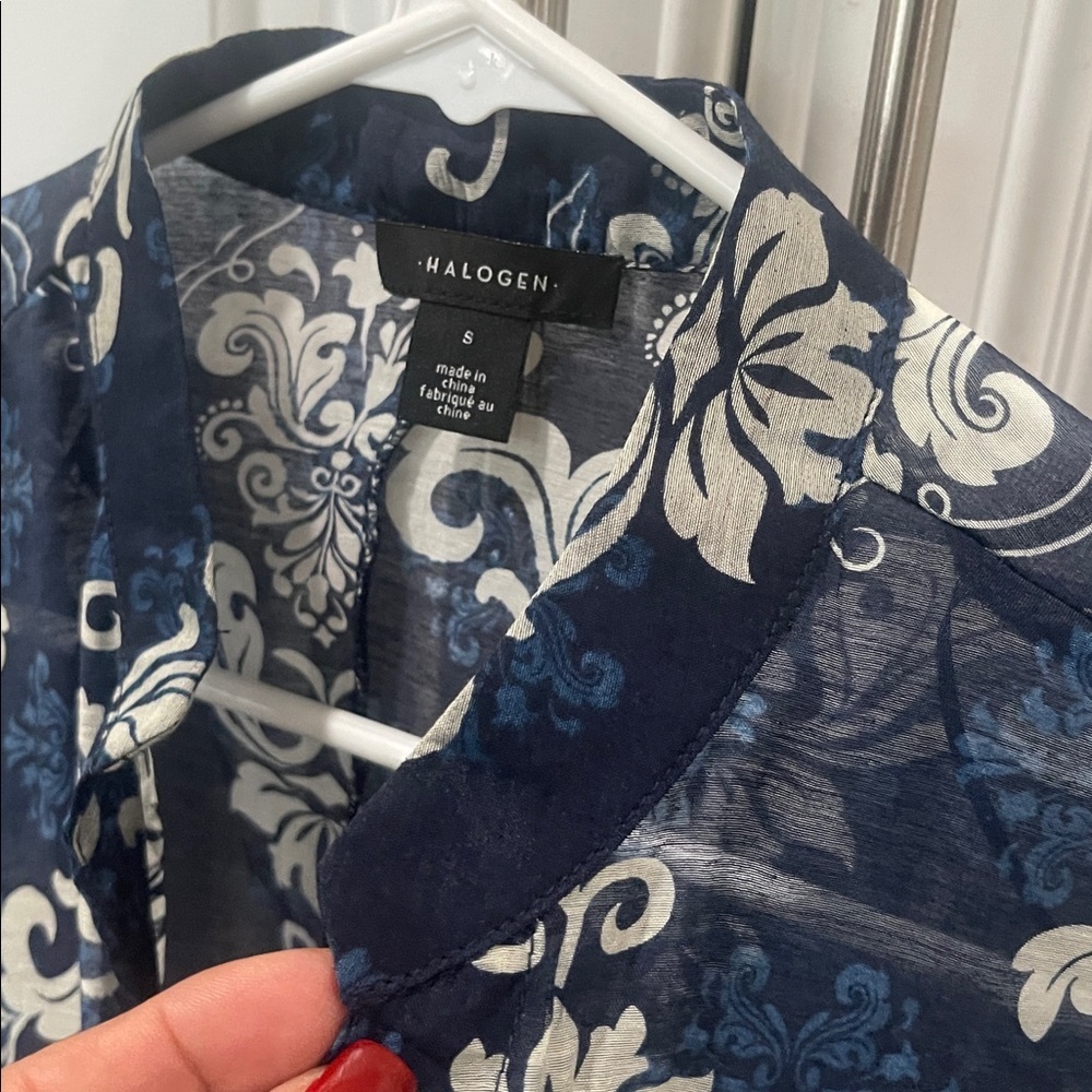 Halogen long sleeve blue sheer paisley button front tie waist top blouse Small - Picture 14 of 16